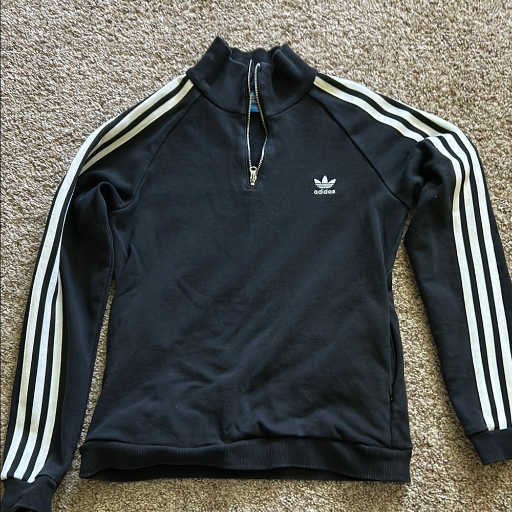 Adidas Black and White Zip Up Sweater with Classic Stripes